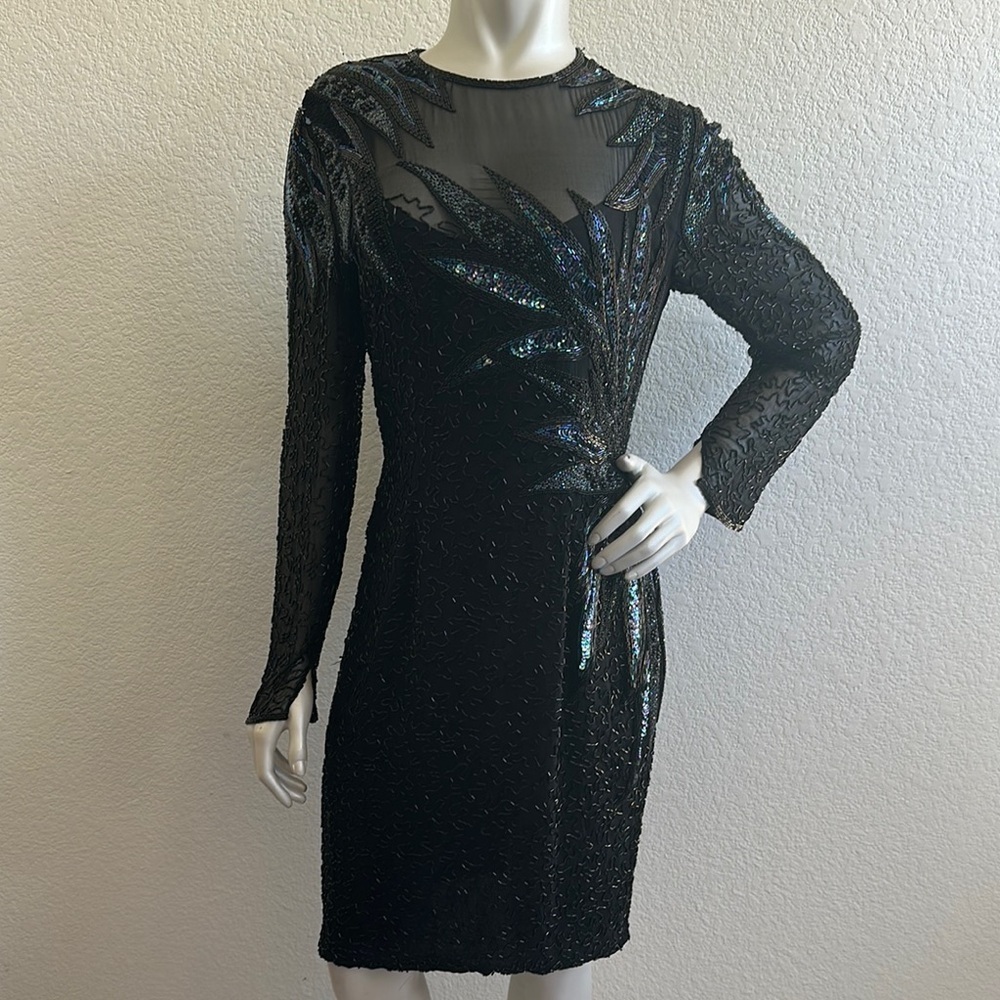Vintage 80’s A.J. Bari Black Sequin Long Sleeve Bodycon Dress